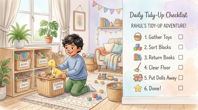 Rahul tidies his cheerful room, sorting toys and gathering blocks according to his checklist