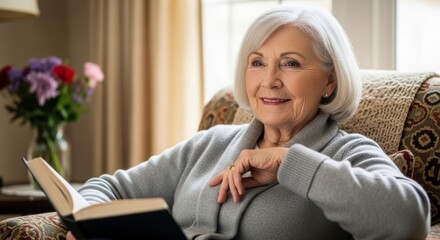 Obraz premium Elegant senior lady in grey sweater holding an open book in armchair Surreal Silliness Concept Design