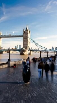 Tower Bridge in London, UK, United Kingdom. Time lapse. People walking. Vertical video