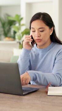 Laptop, typing or Asian woman with phone call for remote work, project feedback or manual editing tips. Tech, freelance or technical writer with review discussion for how to guide, smile or home