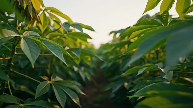 Lush green cassava plants growing in a sunlit agricultural field, showing vibrant foliage and a clear sky in the background.