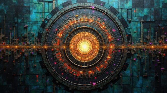 Steampunk mechanical clockwork background, intricate bronze gear mechanism with glowing core, industrial fantasy portal with teal metal textures