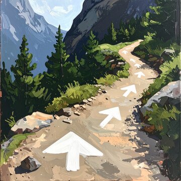 Mountain hiking trail directional arrows on rocky path in scenic alpine forest landscape