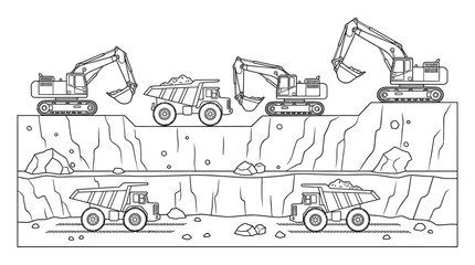 Construction vehicles at a quarry black and white line drawing © Md Anisur Rahman 