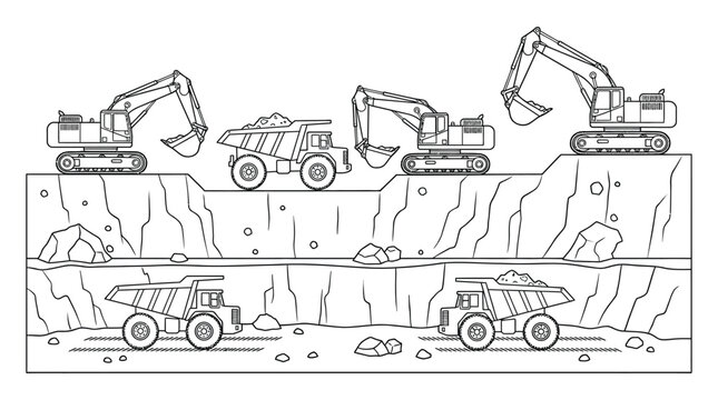 Construction vehicles at a quarry black and white line drawing