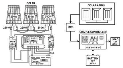 solar panel system diagram with charge controller and battery connection © Md Anisur Rahman 