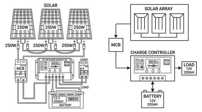 solar panel system diagram with charge controller and battery connection