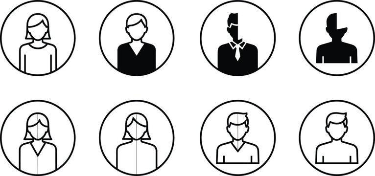 User avatar icons set, male and female profile silhouette collection, account and social media line vector