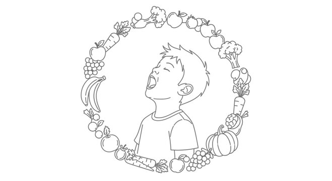 Child with open mouth surrounded by a circle of fresh fruits and vegetables