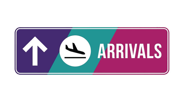 arrivals sign with airplane icon and upward arrow flat vector illustration