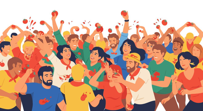 La Tomatina Festival Crowd Throwing Tomatoes Illustration