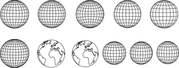 Vector illustration globe bundle, wireframe earth spheres with latitude longitude grid and world map outline versions, global geography design collection, editable cartography elements © allustra