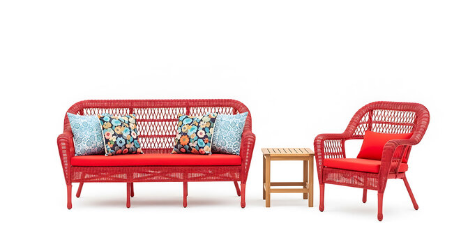 Red upholstered vintage-style loveseat and matching chair with floral fabric upholstery armchair