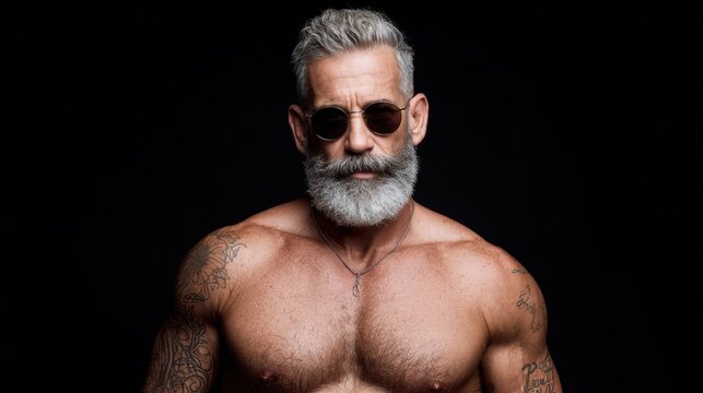 A muscular, tattooed man with a stylish beard and sunglasses poses against a black backdrop.