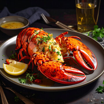 Delicious cooked lobster dinner plate