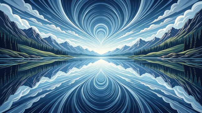 Majestic mountains frame a mirrored lake. Celestial swirls ripple across sky and water's surface. Reflections create a hypnotic, infinite tunnel effect
