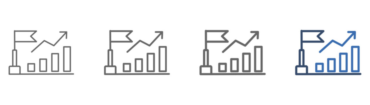 
outline icon set public offering with graphic design of bars, flags and arrows to the right