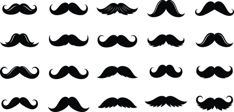 Vintage mustache silhouettes set, curled and handlebar moustache styles collection, black solid facial hair icons, barber shop design elements, isolated vector