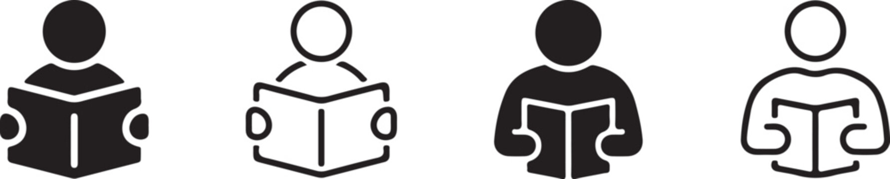 Student reading book icon set representing literacy education knowledge and learning study.