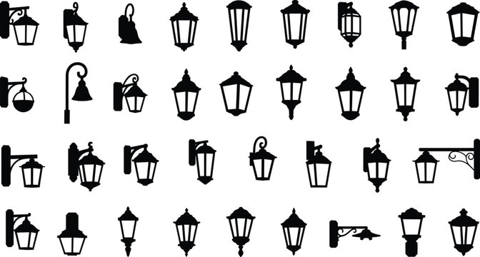 Vintage Wall Lantern Silhouette Set, Outdoor Street Light Fixture Collection, Classic Exterior Lamp Icons, vector illustration