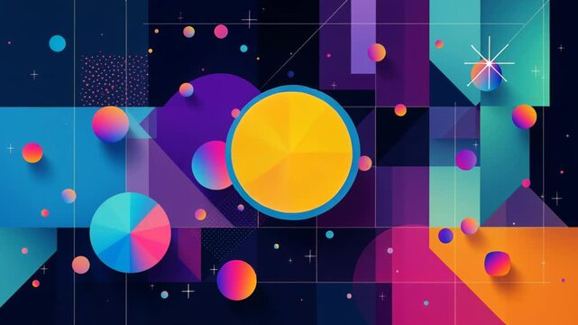 Vibrant geometric animation featuring colorful shapes and patterns moving on a dark grid background