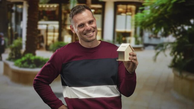 Man holds small wooden model house with coin slot in right hand while smiling inside building; home ownership optimism savings.