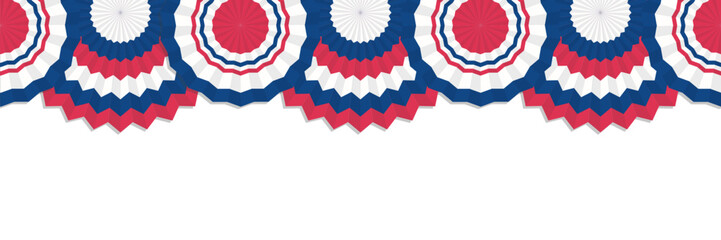 Fototapeta premium Hanging patriotic bunting garlands and half circle flags in American national colors. Red white and blue festive decoration border for 4th of July independence day celebration design