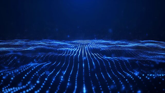 Digital abstract visualization. Blue, glowing particle waves undulate, with faint light, against a dark, starry backdrop
