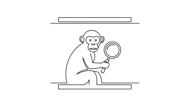 Monkey Sitting With Magnifying Glass, Exploring, Curiosity, Research, Black and White Line Art
