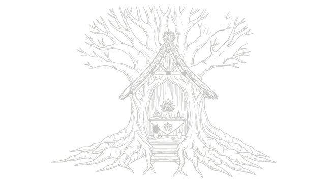 Mystical Treehouse Altar with Nature Elements and Ancient Roots