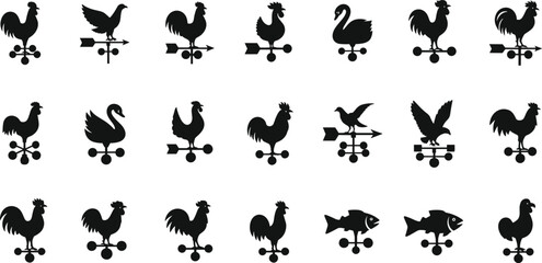 Obraz premium Weather vane silhouette set, rooster swan eagle fish shapes, wind direction arrows, traditional rooftop ornaments, black solid icons collection, vector illustration