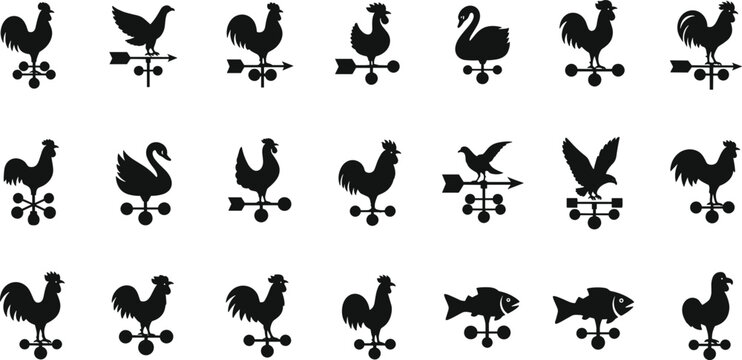 Weather vane silhouette set, rooster swan eagle fish shapes, wind direction arrows, traditional rooftop ornaments, black solid icons collection, vector illustration