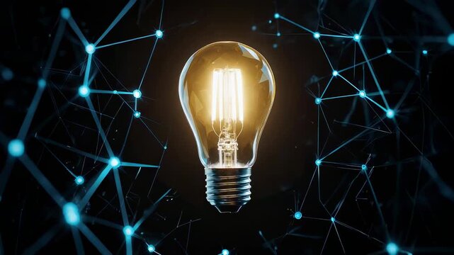 Illuminated lightbulb, glowing brightly amidst a network of interconnected points, all set against a black backdrop