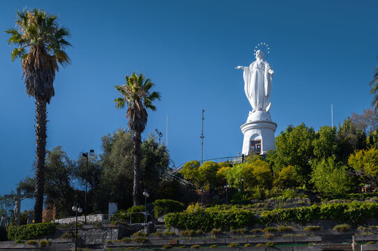 the virgin mary statue crowns cerro san cristobal above Santiago, chile.