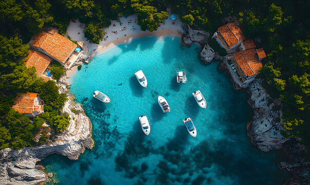 Aerial view of a beautiful cove with boats and beachgoers near houses