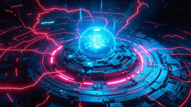 Central power source emitting blue and pink electrical neon discharges inside a futuristic machine