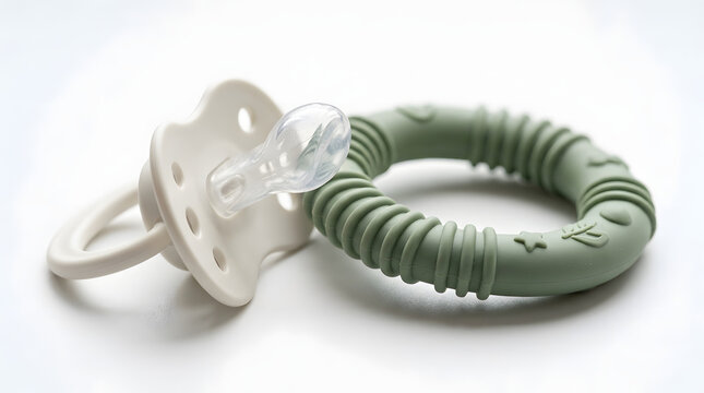 Baby pacifier with green teething ring on white background