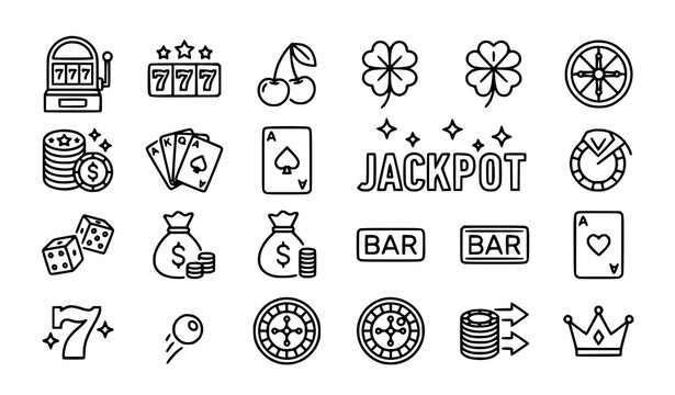 Casino game icons set slots cards dice and lucky charms line art