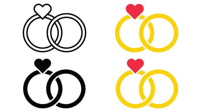 Four stylized icons depicting wedding rings intertwined with hearts, symbolizing love and commitment
