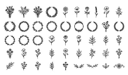 Obraz premium Floral wreath and botanical element collection hand drawn line art