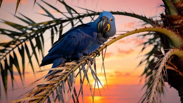 Blue hyacinth macaw parrot perching on a palm tree frond with a colorful sunset in the background
