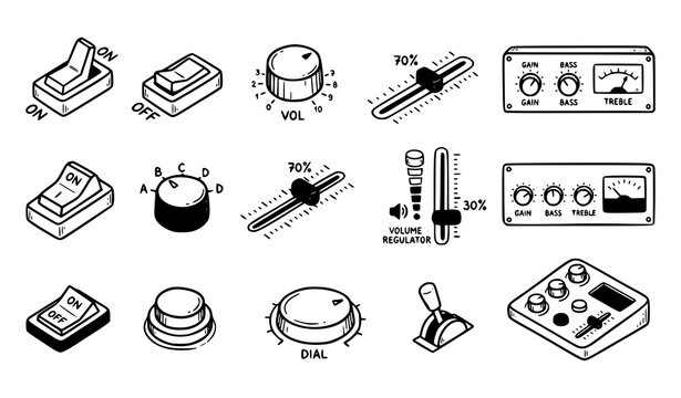 Audio control elements collection switches knobs and faders hand drawn style