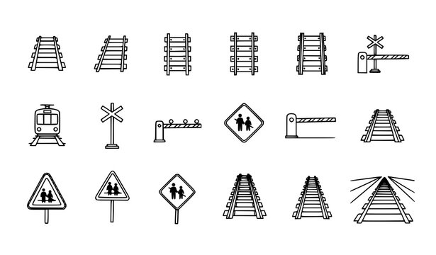 Railway infrastructure line icons tracks signals crossings and safety signs