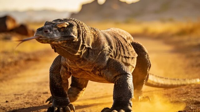 Giant monitor lizard walking and flicking its tongue in its natural habitat during a golden sunset