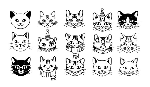 Collection of 14 unique cartoon cat faces and heads