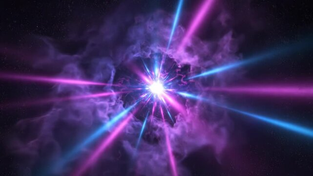 Cosmic explosion with blue and pink light rays in space