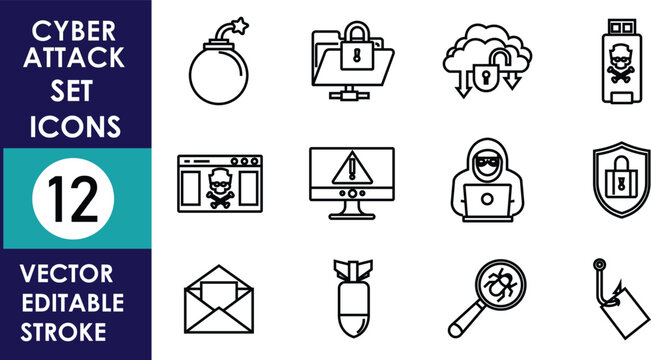 Cyber attack and cybersecurity vector icon set featuring malware, phishing, hacking, digital protection, data security, firewall, encryption, surveillance, and network defense concepts
