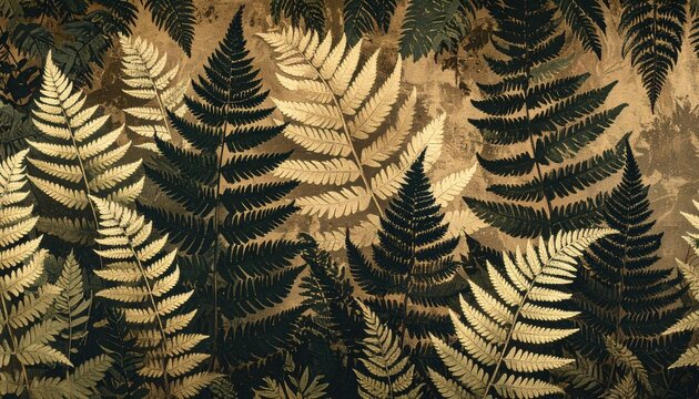Seamless fern leaf pattern with layered botanical silhouettes in dark woodland texture