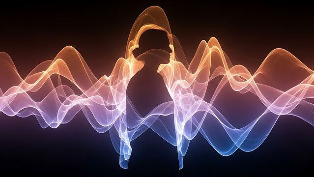 Silhouette of woman profile surrounded by glowing abstract energy waves representing sound frequency meditation inner peace and spiritual connection.