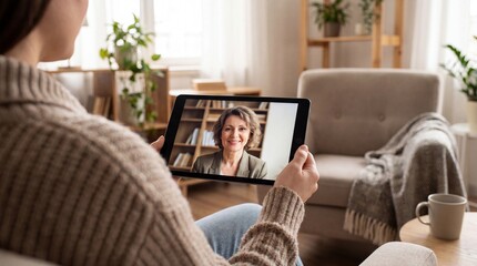 Fototapeta premium Over the shoulder view of patient in online telehealth therapy session